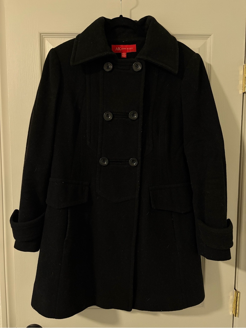 AK Anne Klein Black Wool Blend Peacoat Double Breasted Black Med Preppy Classic